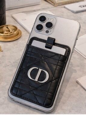 Dior Beauty Black Quilted Faux Leather Card Holder Mirror Phone New Authentic